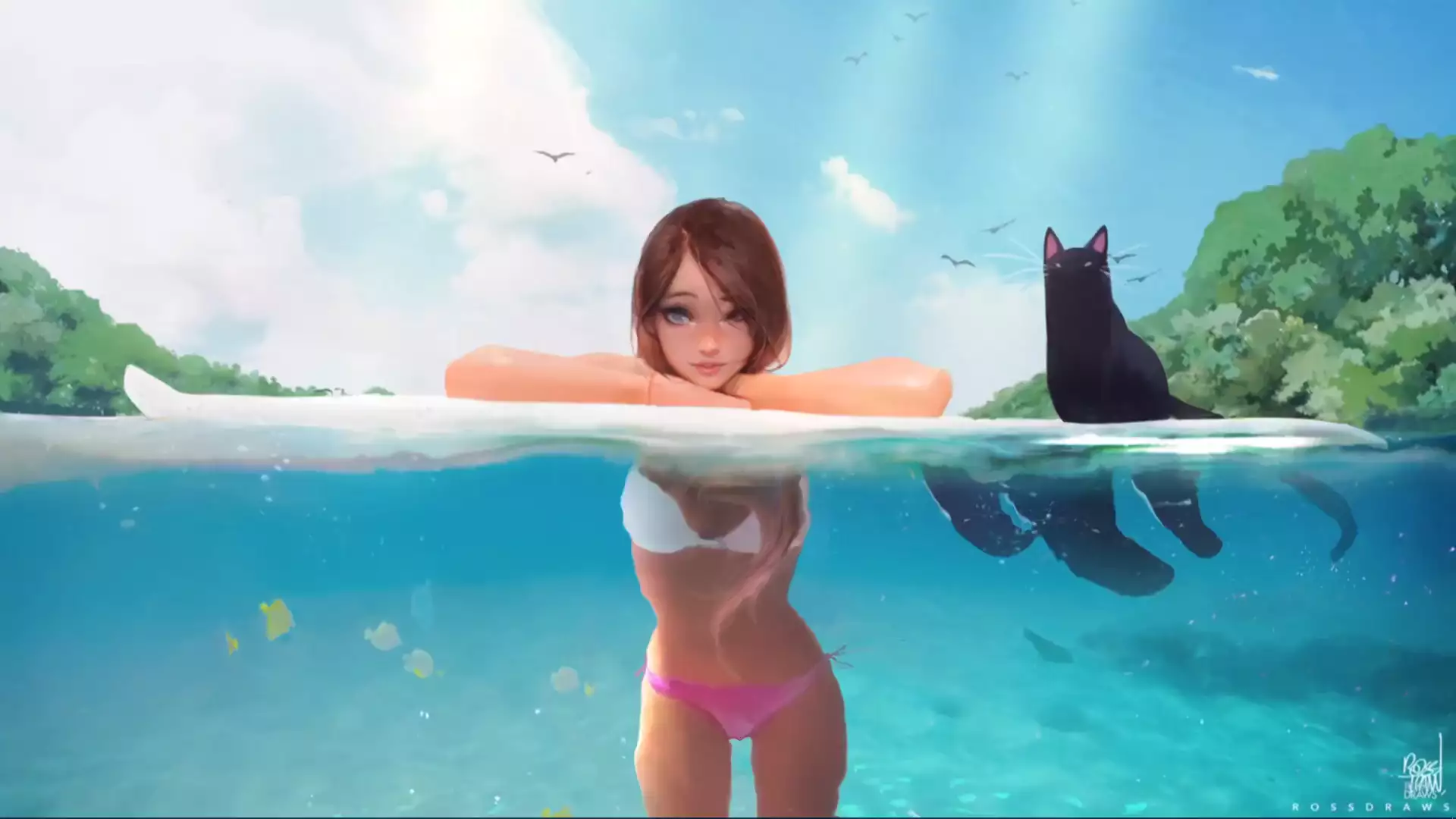 Картинка Девушка с доской для серфинга