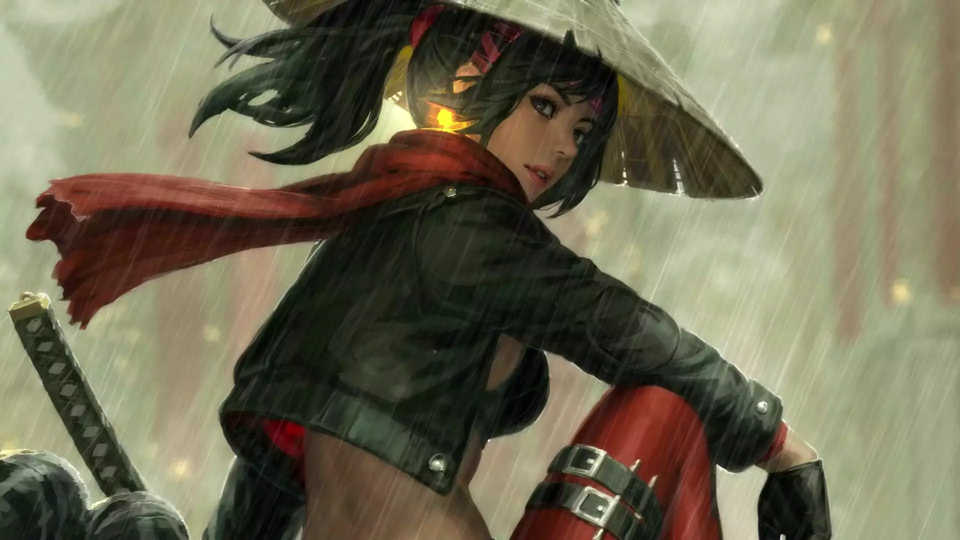 Картинка Девушка самурай под дождём