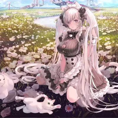 Милая аниме девушка на поляне цветов